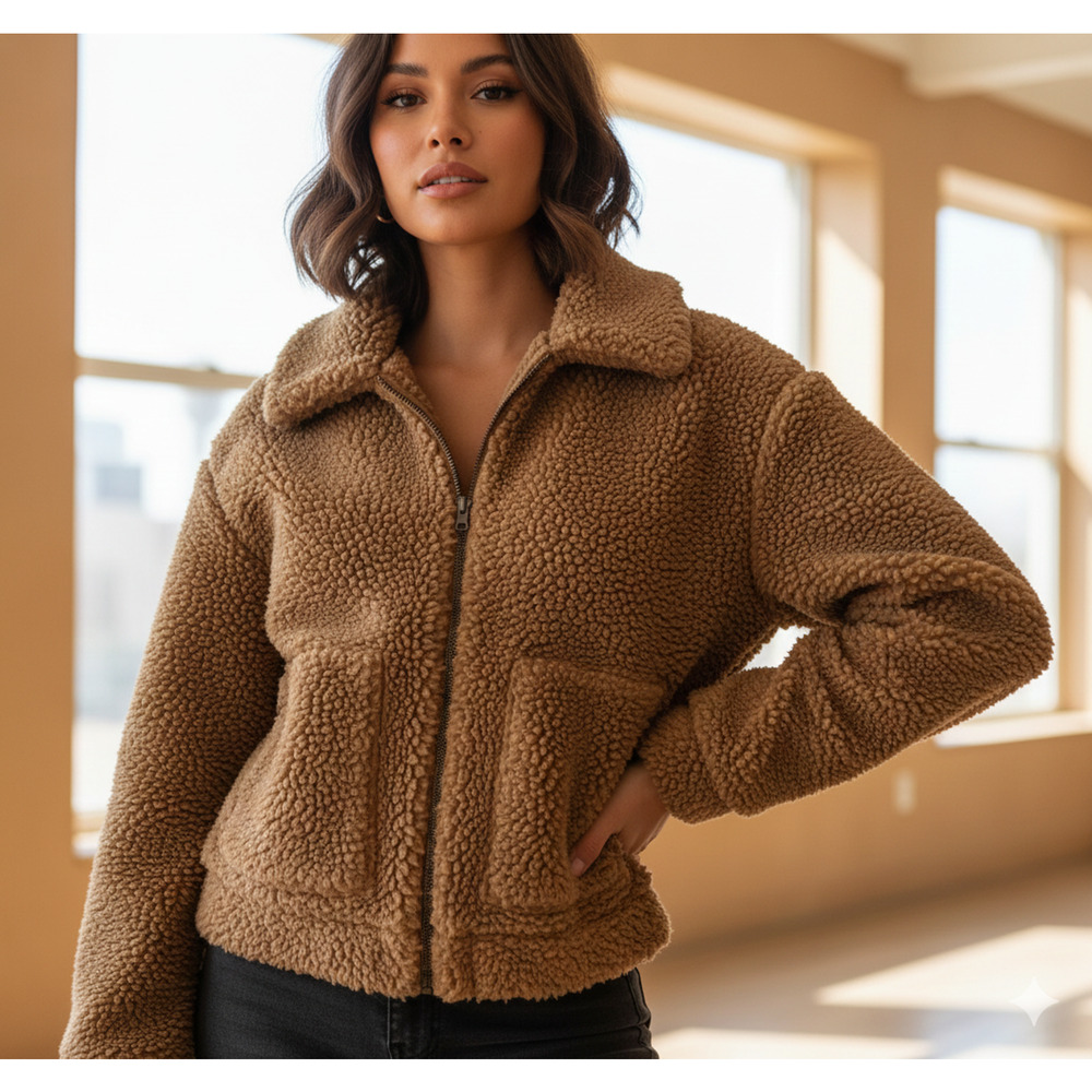Bagatelle Faux Shearling Teddy Bear Coat Zip Up Brown Camel Large L